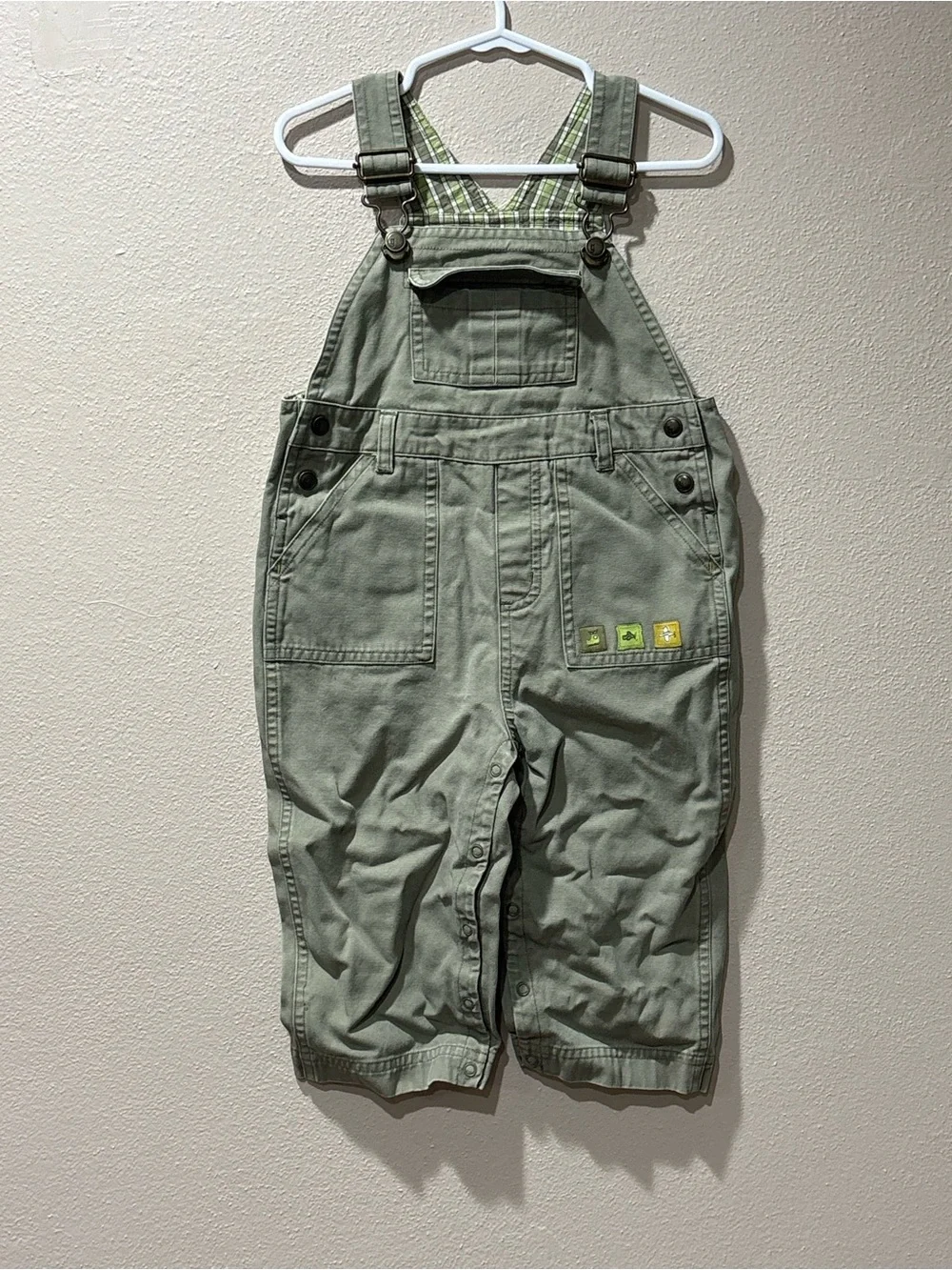 Gymboree Army green overalls with transportation patches